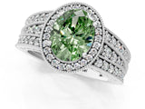 Platinum Fancy Green Oval Cut Halo Diamond Split Shank Ring with Prong Setting_13