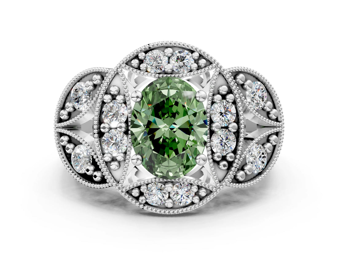 Platinum Fancy Green Oval Cut Halo Milgrain Diamond Engagement Ring with Leaf Band and Four-Prong Setting_12