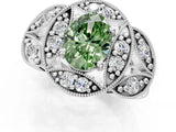 Platinum Fancy Green Oval Cut Halo Milgrain Diamond Engagement Ring with Leaf Band and Four-Prong Setting_13