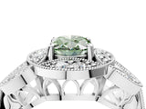 Platinum Fancy Green Oval Cut Halo Milgrain Diamond Engagement Ring with Leaf Band and Four-Prong Setting_16
