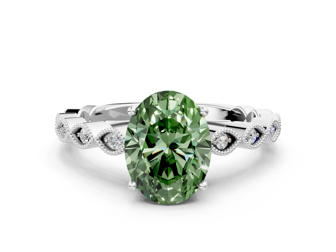 Platinum Fancy Green Oval Cut Solitaire Diamond Ring with Infinity Twist Band and Four-Prong Setting_12
