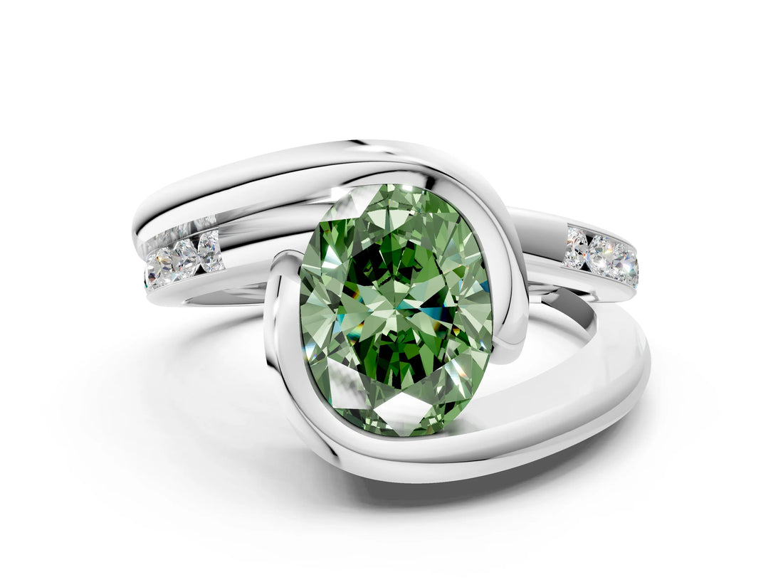 Platinum Fancy Green Oval Cut Solitaire Tension-Set Diamond Split Shank Ring_6