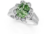 Platinum Fancy Green Oval  Halo Diamond Floral Split Shank Engagement Ring 2