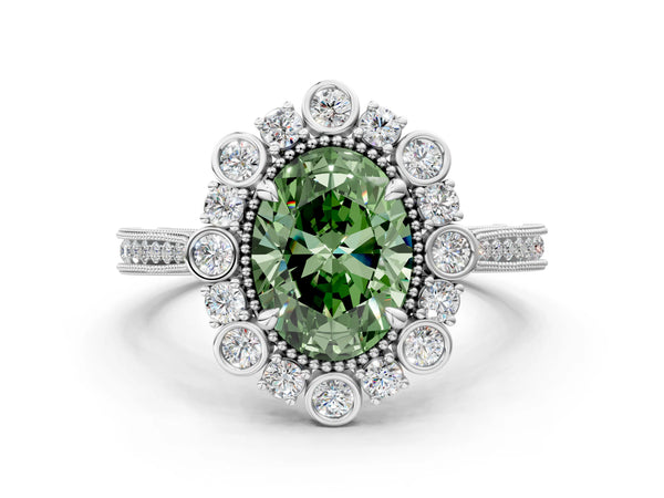 Platinum Oval Scalloped Milgrain Halo Engagement Ring Setting for Fancy Green Center