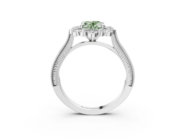 Platinum Oval Scalloped Milgrain Halo Engagement Ring Setting for Fancy Green Center
