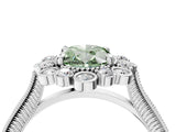 Platinum Fancy Green Oval  Halo Milgrain Pave Diamond Ring with Four-Prong Setting
