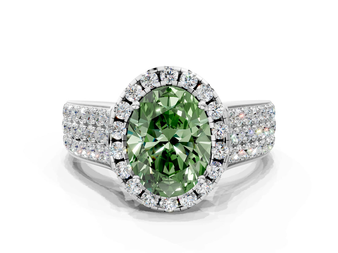 Platinum Fancy Green Oval  Halo Round Diamond Pave Band with Prong Setting