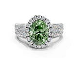 Platinum Fancy Green Oval  Halo Round Diamond Pave Band with Prong Setting