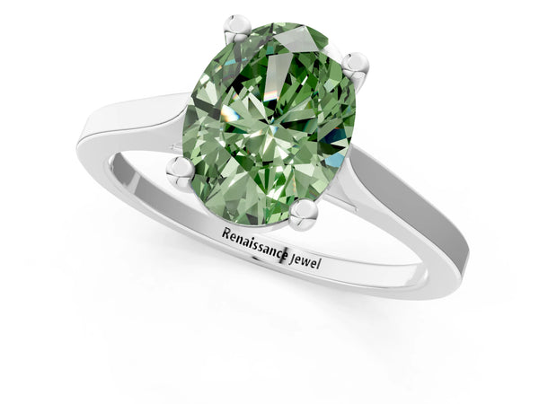 Platinum Fancy Green Oval  Solitaire Diamond Ring with Four-Prong Setting and Tapered Band