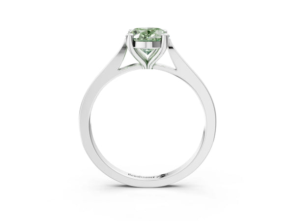Platinum Fancy Green Oval  Solitaire Diamond Ring with Four-Prong Setting and Tapered Band