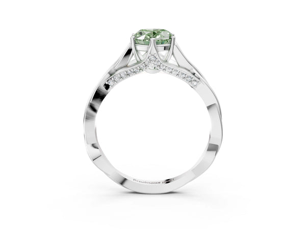 Platinum Fancy Green Oval  Solitaire Twist Band Six-Prong Setting