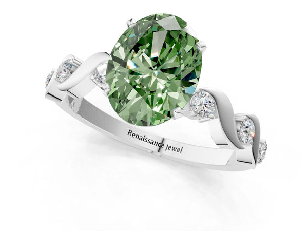 Platinum Fancy Green Oval  Solitaire Twisted Band with Prong Setting