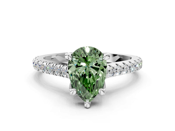 Platinum Fancy Green Pear  Brilliant Diamond Solitaire with Pavé Band and Four-Prong Setting