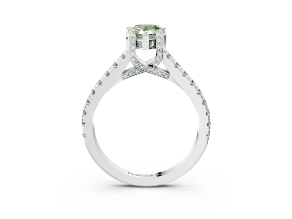 Platinum Fancy Green Pear  Brilliant Diamond Solitaire with Pavé Band and Four-Prong Setting