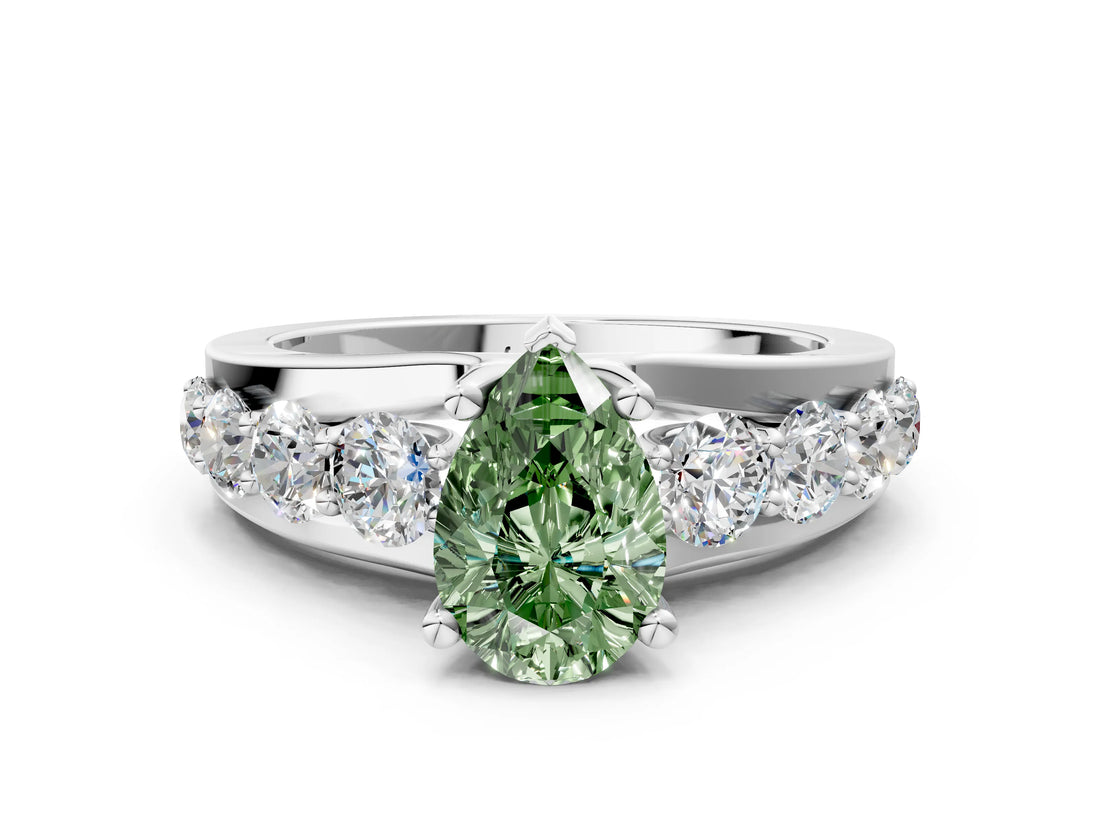 Platinum Fancy Green Pear  Brilliant Solitaire with Side Stones on a Pave Band and Four-Prong Setting_12