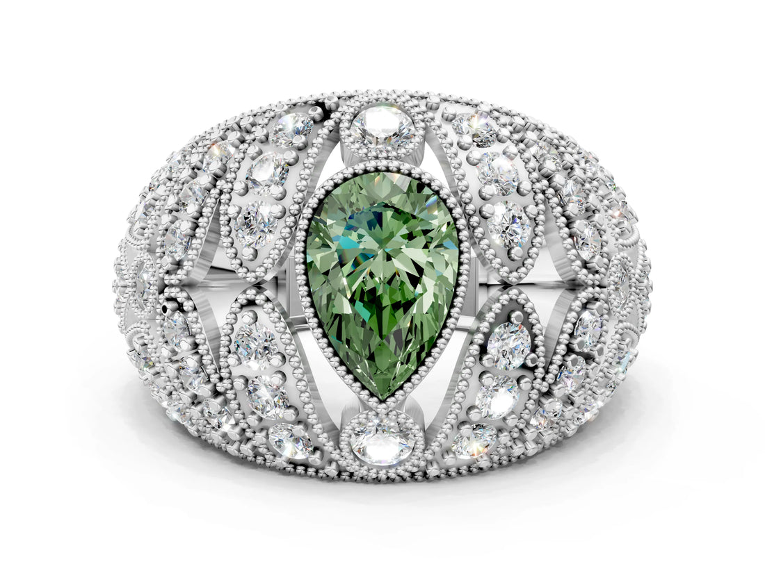 Platinum Fancy Green Pear Cut Brilliant Halo Pave Diamond Milgrain Ring_6