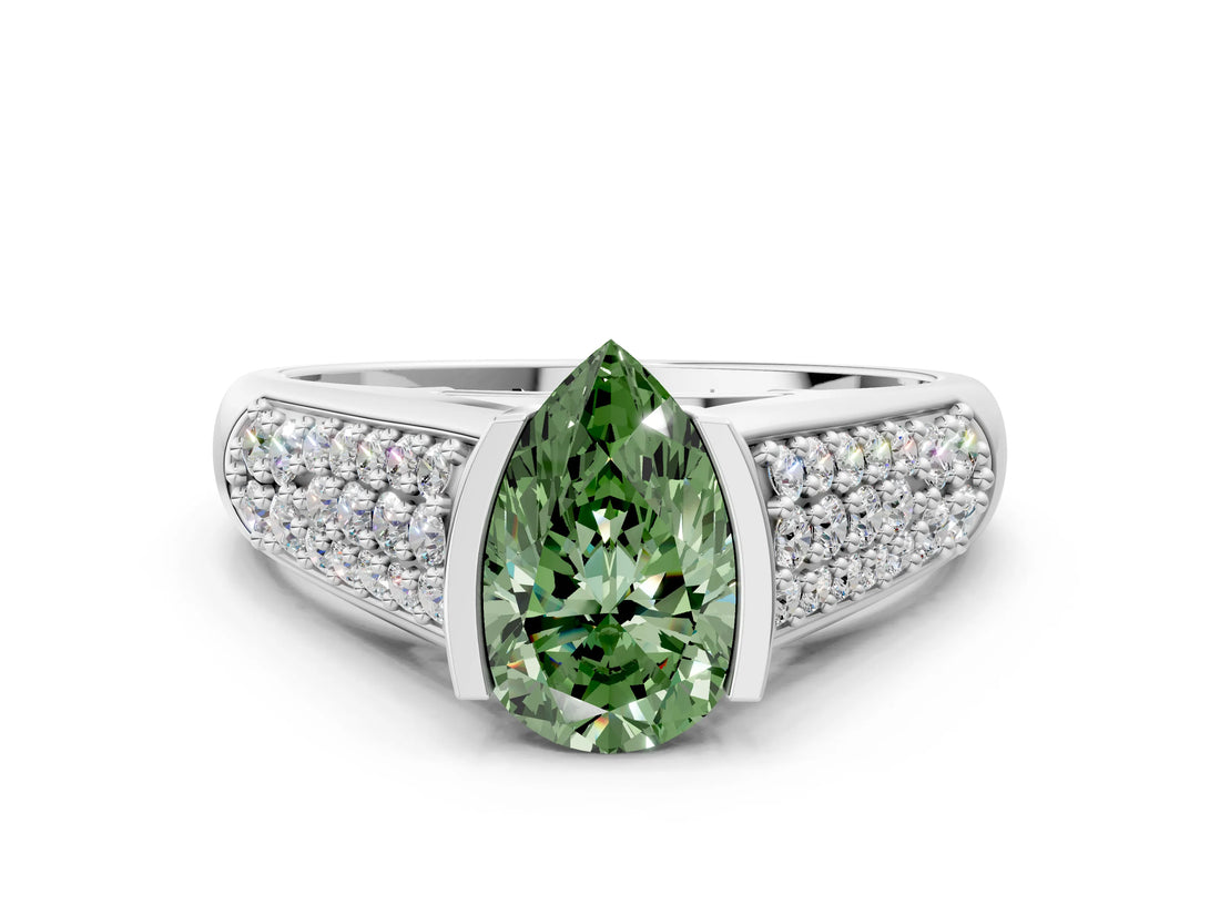 Platinum Fancy Green Pear Cut Cut Diamond Channel Set Pave Band with Tension Prong Setting_12