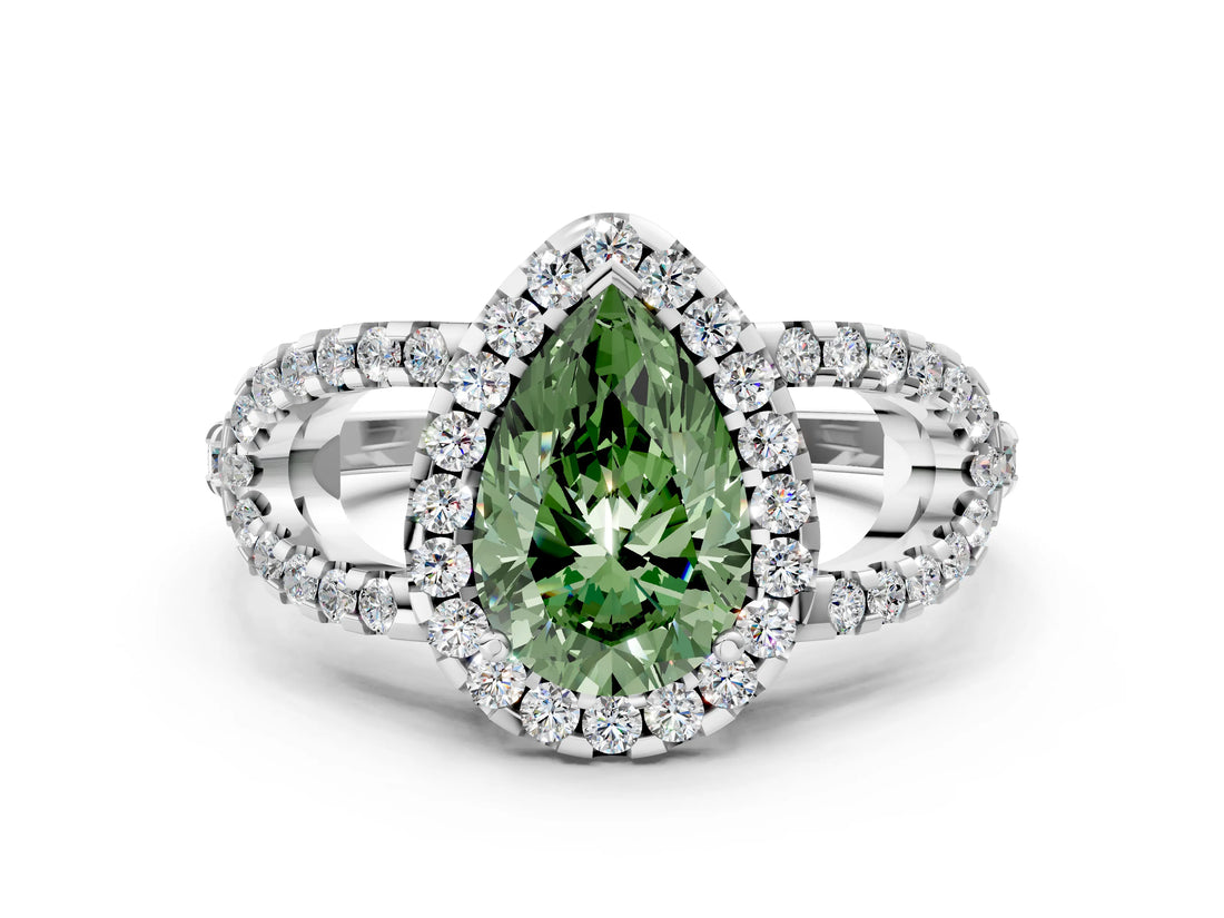 Platinum Fancy Green Pear Cut Cut Diamond Halo Engagement Ring with Open Split Pavé Band_6