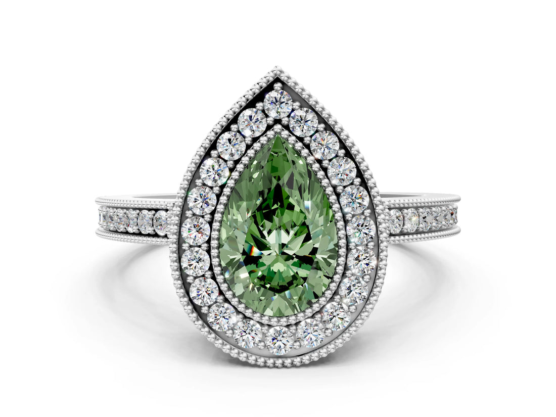 Platinum Fancy Green Pear Cut Cut Halo Pavé Diamond Ring_6