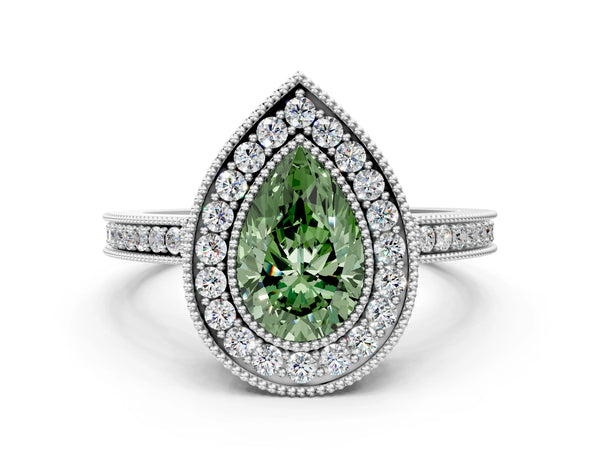 Platinum Pear-Shaped Double Milgrain Halo Engagement Ring Setting for Fancy Green Center