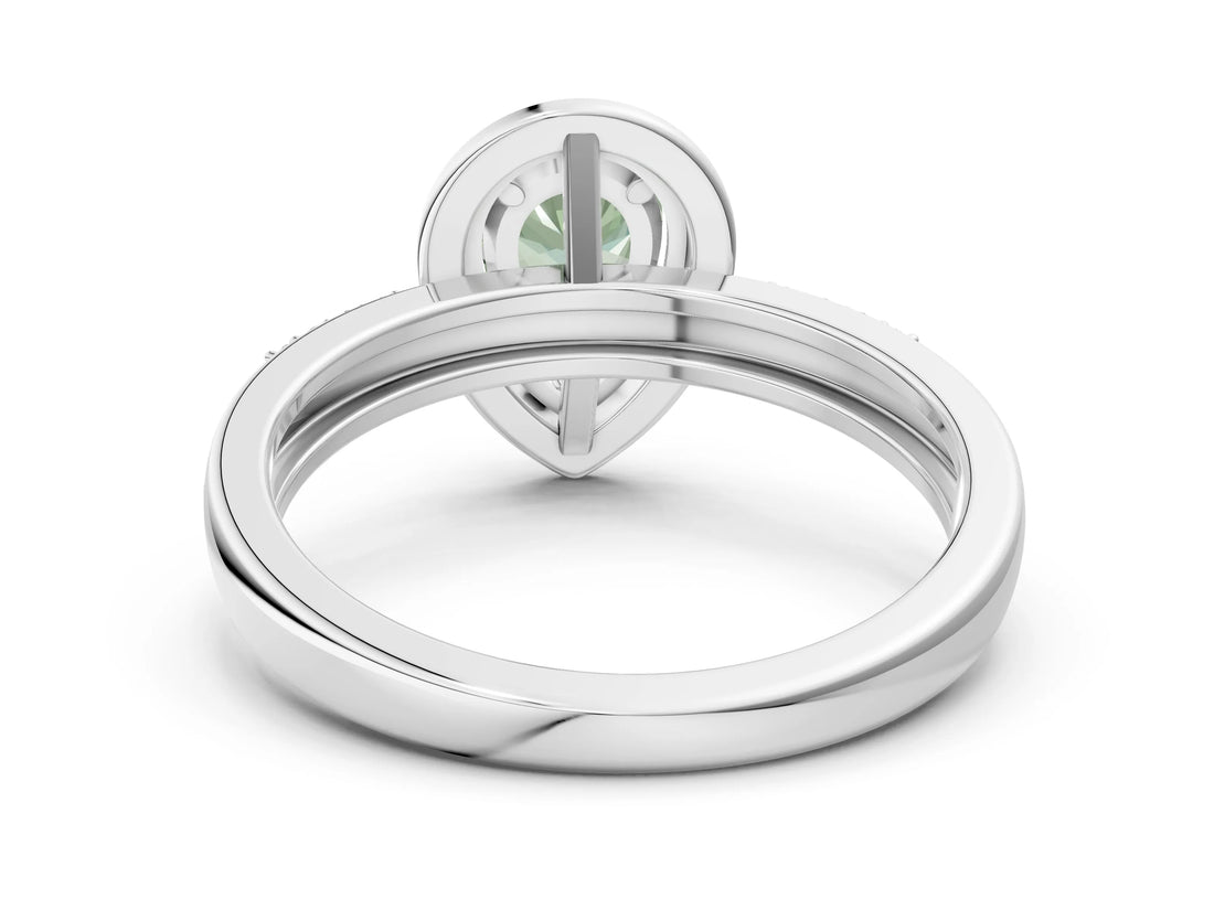Platinum Fancy Green Pear Cut Diamond Double Halo Ring with Split Shank and Four-Prong Setting_12