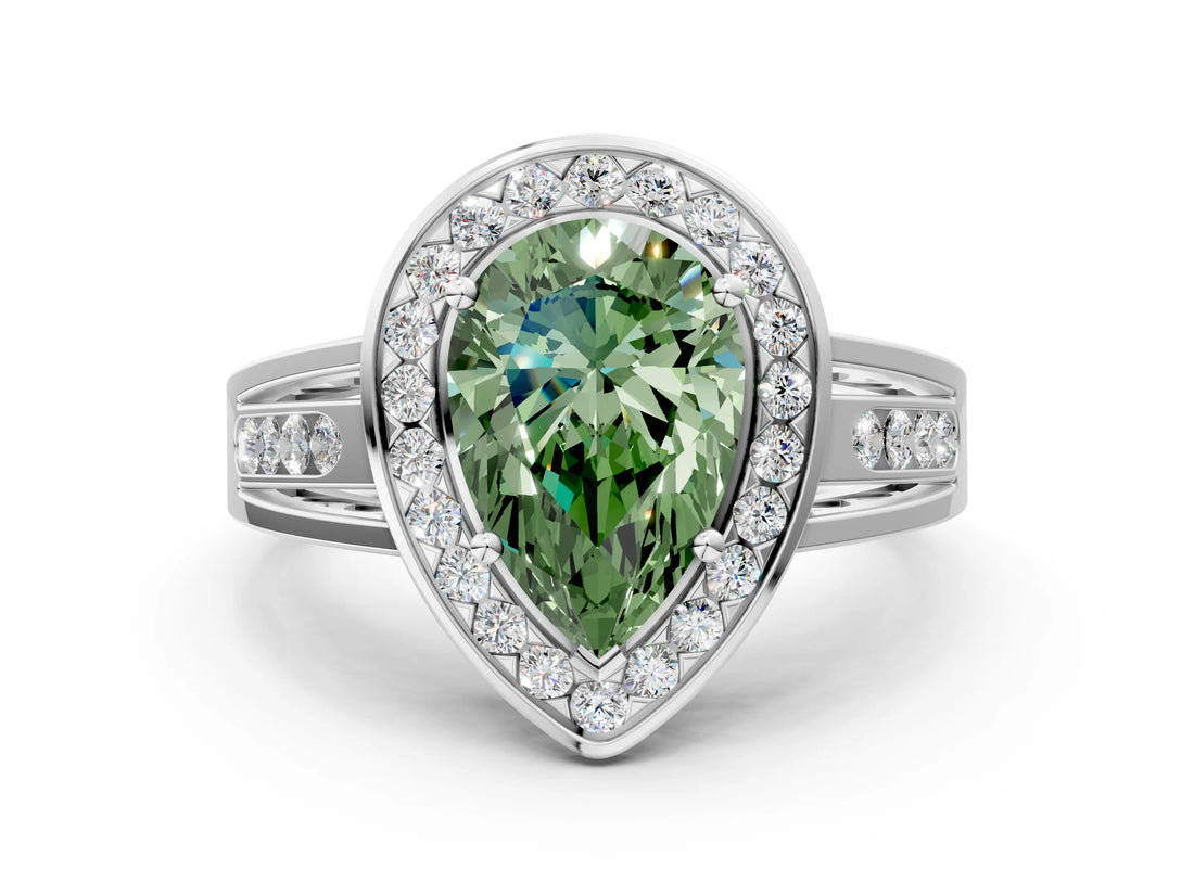Platinum Fancy Green Pear Cut Diamond Halo Ring with Split Shank and Bezel Accents and Prong Setting_12