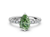 Platinum Fancy Green Pear Cut Diamond Pavé Solitaire Ring with Round Band and Prong Setting