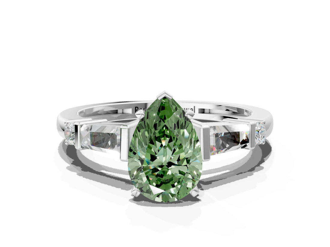 Platinum Fancy Green Pear  Cut Diamond Ring with Baguette Side Stones, Channel Set Band, and Four-Prong Setting_24