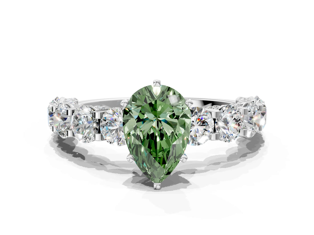 Platinum Fancy Green Pear Cut Diamond Side Stone Engagement Ring with Four-Prong Setting