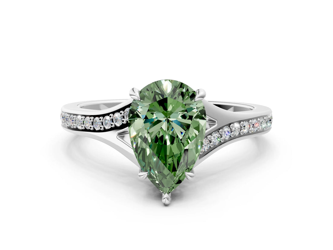 Platinum Fancy Green Pear Cut Diamond Solitaire Ring with Pavé Band and Prong Setting_12