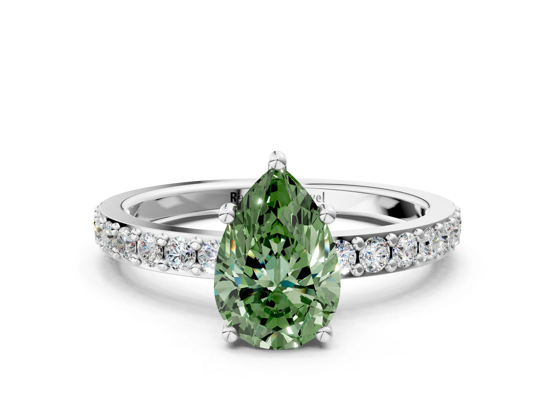 Platinum Fancy Green Pear  Cut Diamond Solitaire with Pave Band and Four-Prong Setting