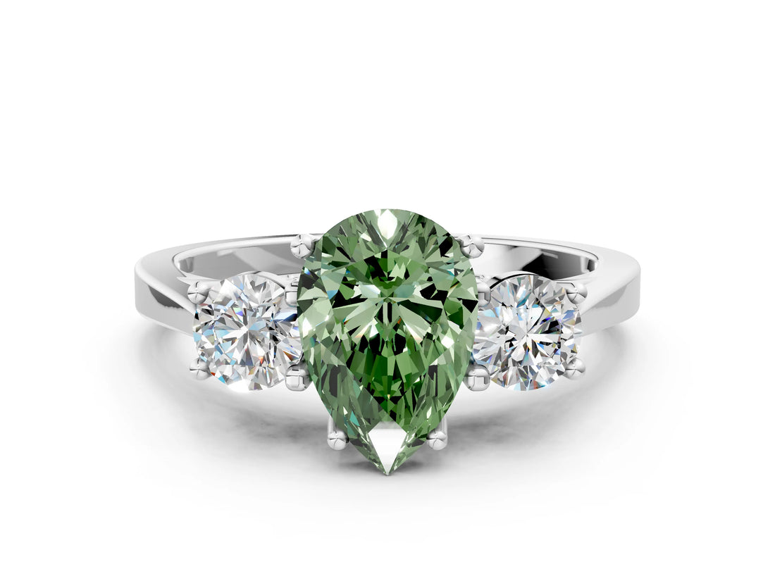 Platinum Fancy Green Pear Cut Diamond Three-Stone Engagement Ring with Prong Setting and Pavé Band_12