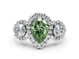 Platinum Fancy Green Pear Cut Diamond Three-Stone Halo Ring with Prong Setting and Pavé Accents_12