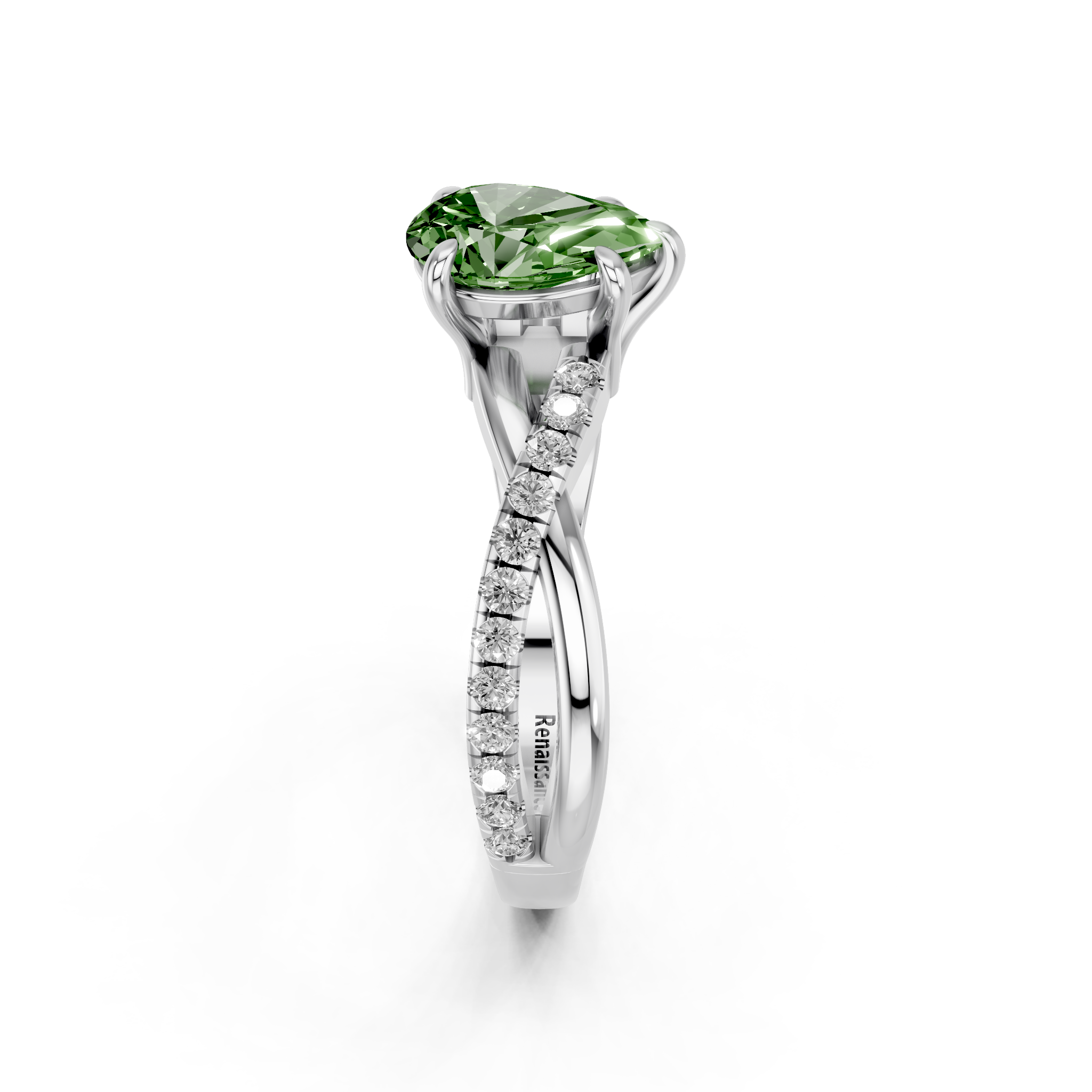 Platinum Fancy Green Pear  Cut Diamond Twist Band Solitaire with Prong Setting_4