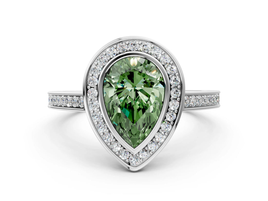 Platinum Fancy Green Pear Cut Halo Bezel Diamond Pave Band Ring_6