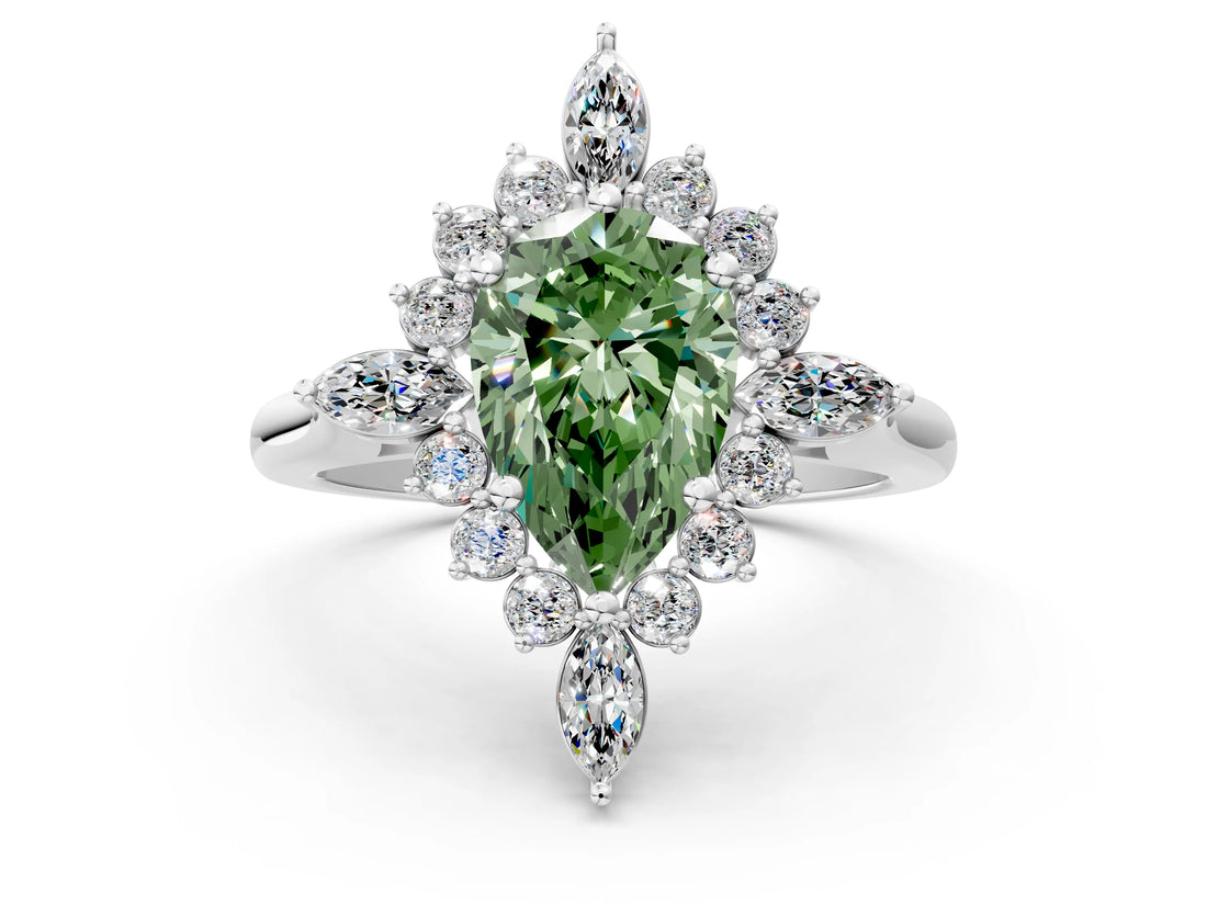 Platinum Fancy Green Pear Cut Halo Diamond Cluster Ring with Marquise and Round Stones on a White Gold Band with Prong Setting