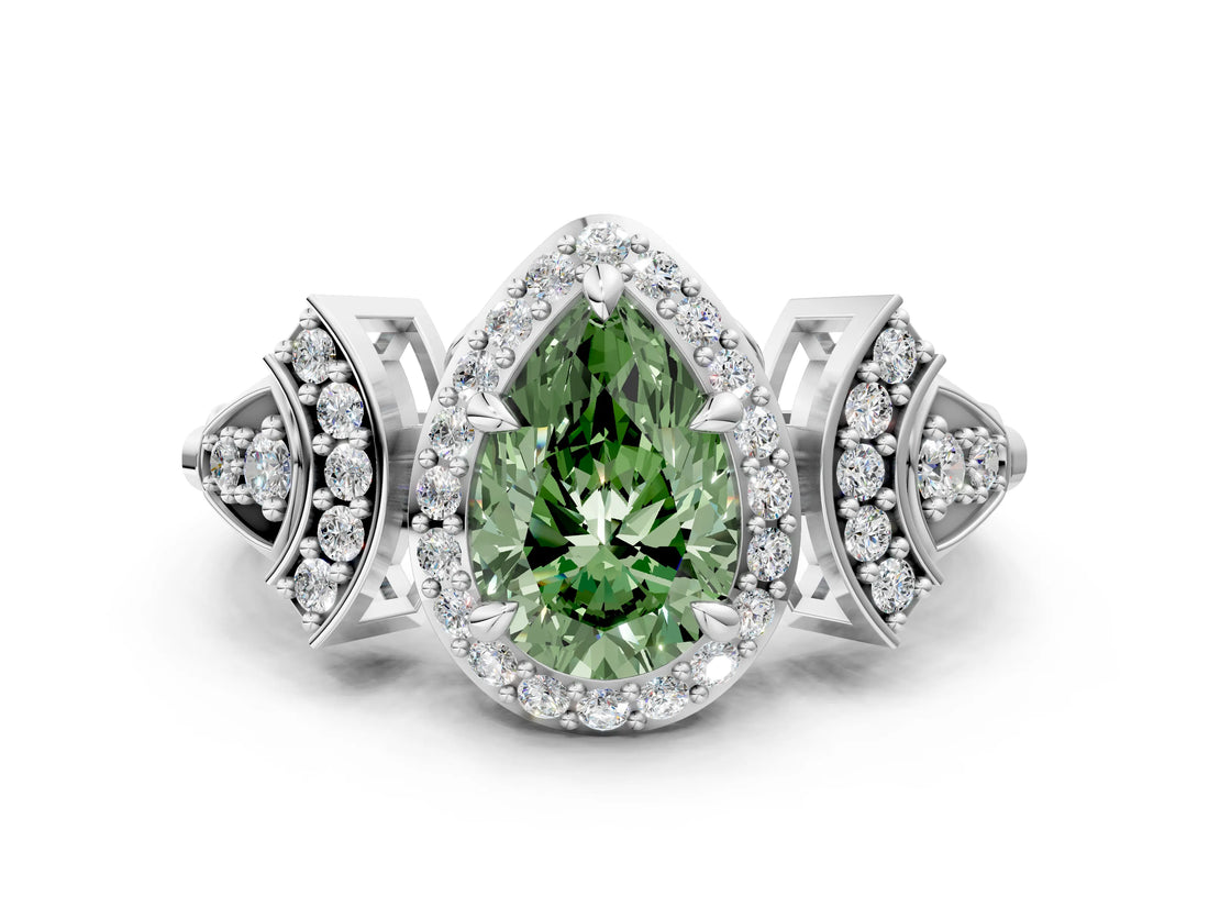 Platinum Fancy Green Pear Cut Halo Diamond Split Shank Engagement Ring with Four-Prong Setting_6