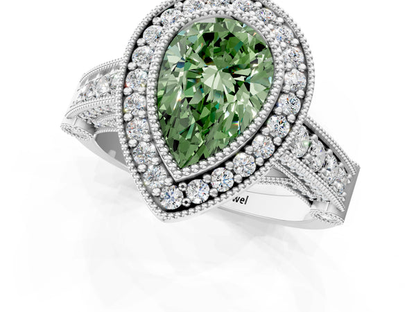 Platinum Pear-Shaped Vintage Bezel Halo Engagement Ring Setting for Fancy Green Center