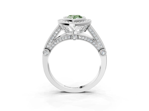 Platinum Pear-Shaped Vintage Bezel Halo Engagement Ring Setting for Fancy Green Center