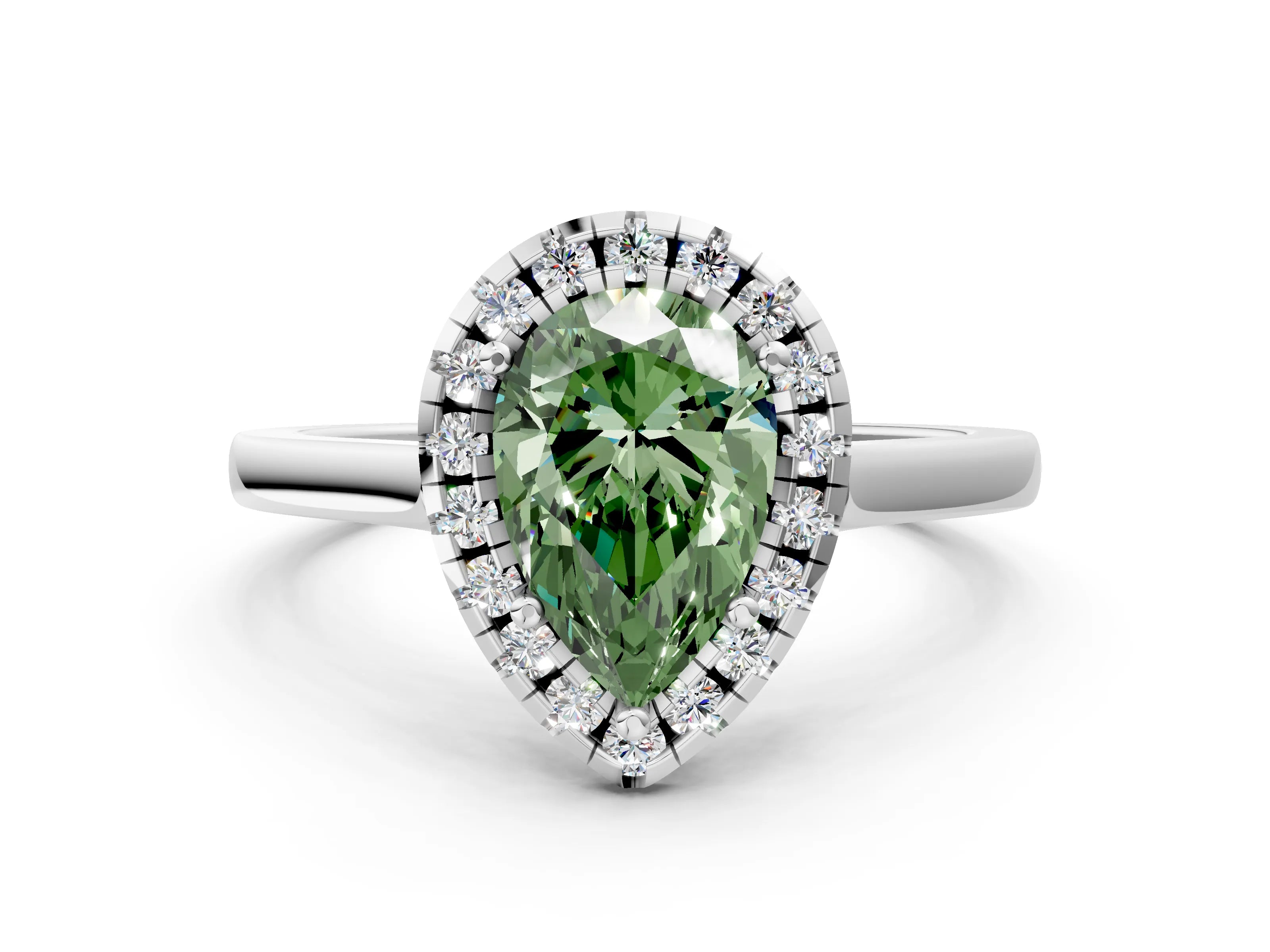 Platinum Fancy Green Pear Cut Halo Round Diamond Solitaire Ring with Pavé Band and Four-Prong Setting_24