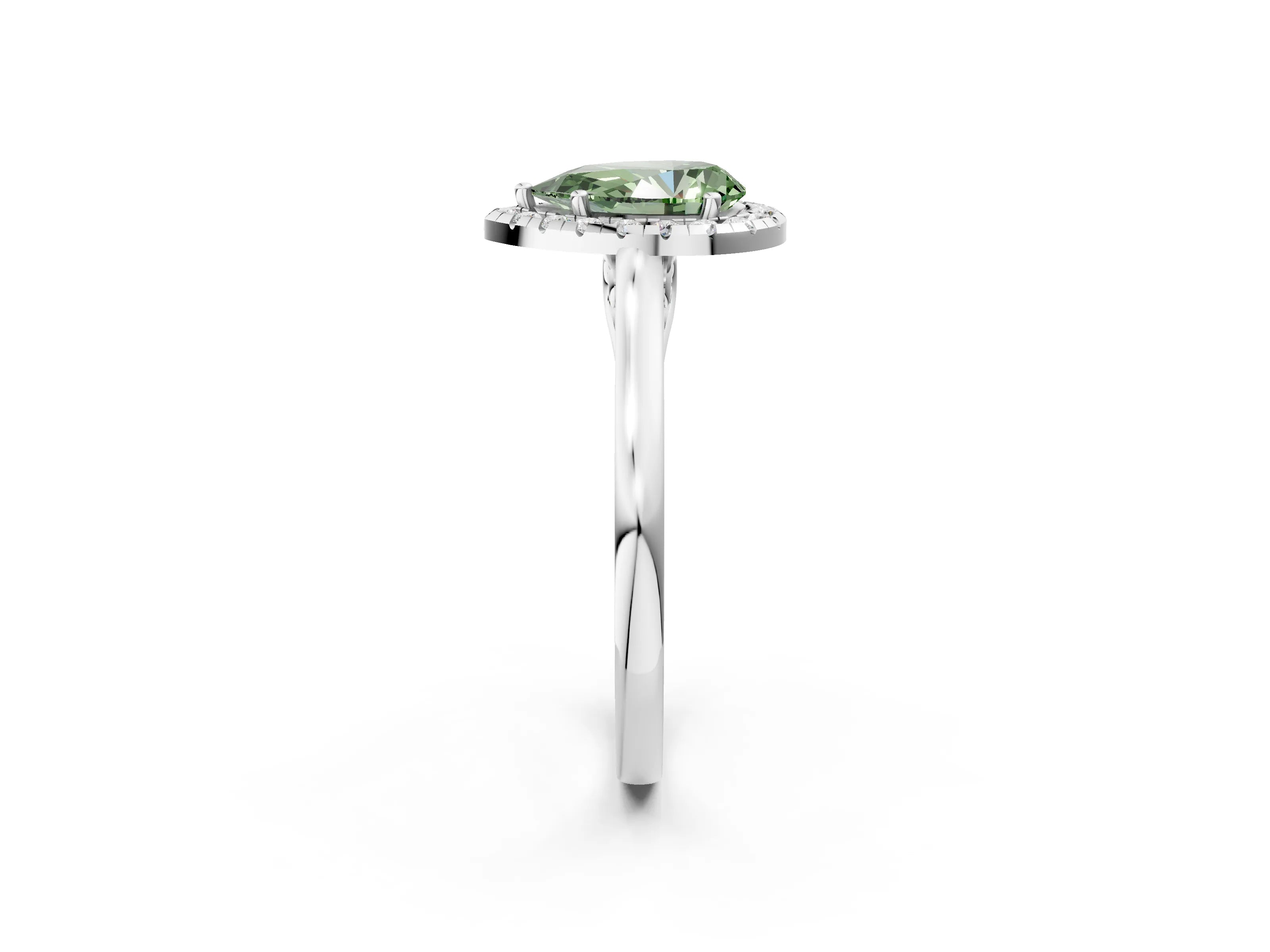 Platinum Fancy Green Pear Cut Halo Round Diamond Solitaire Ring with Pavé Band and Four-Prong Setting_26