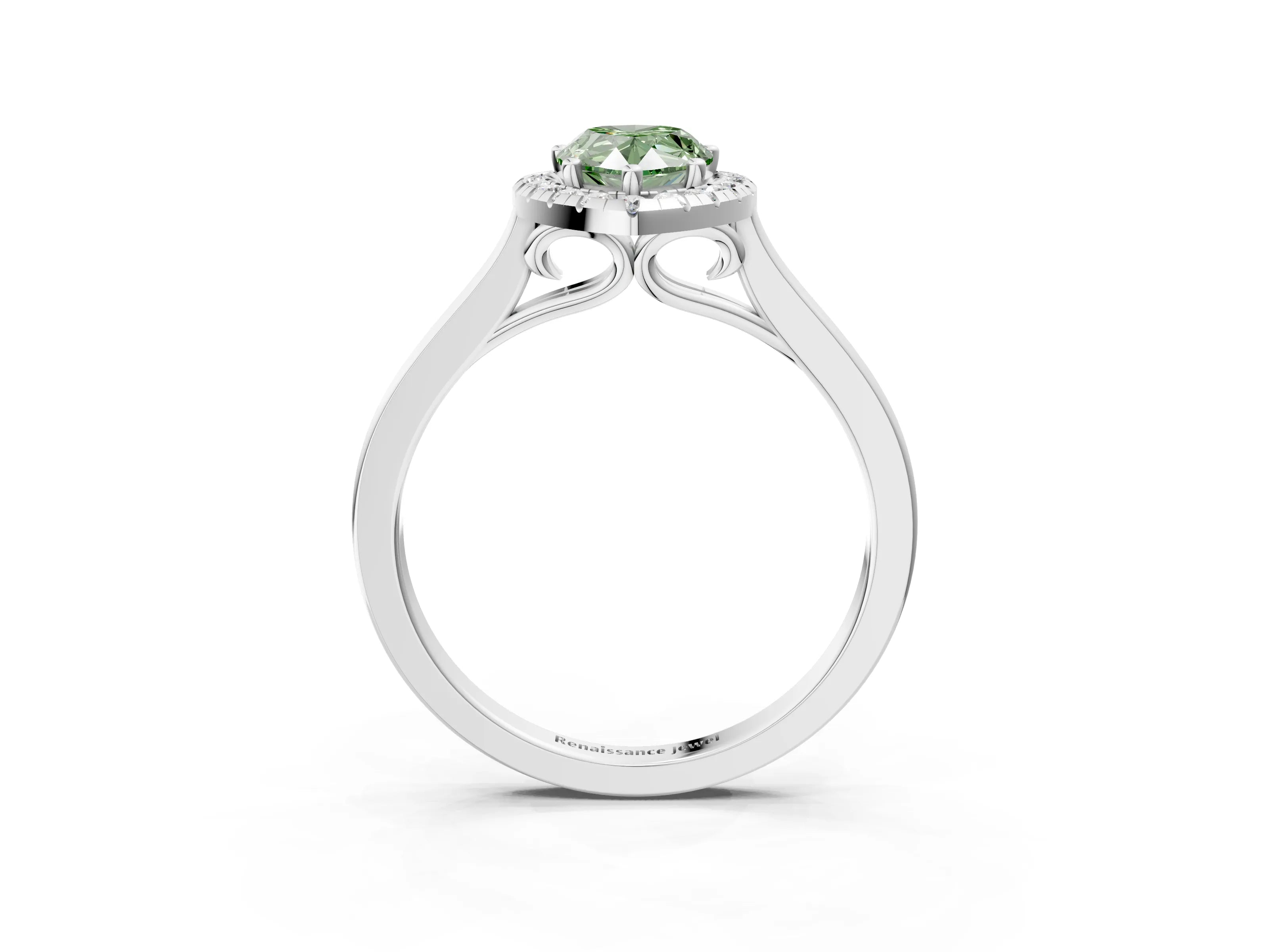 Platinum Fancy Green Pear Cut Halo Round Diamond Solitaire Ring with Pavé Band and Four-Prong Setting_27