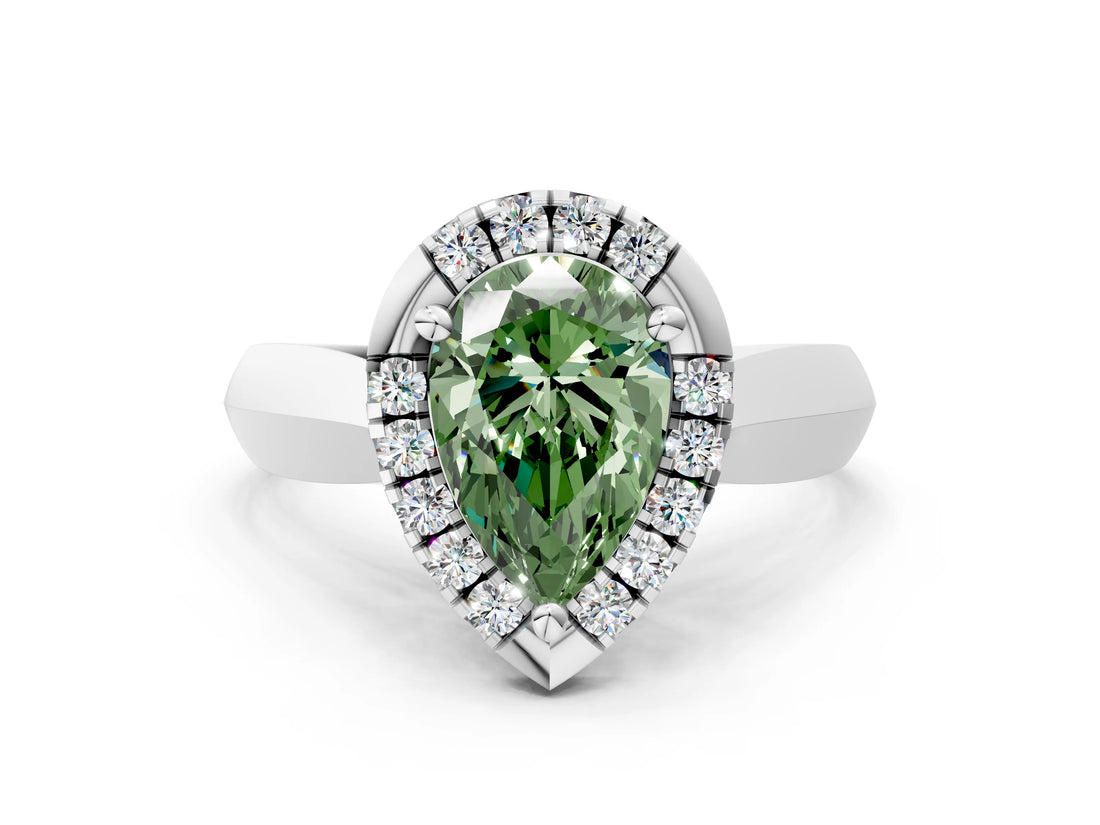 Platinum Fancy Green Pear  Cut Halo Solitaire Engagement Ring with Square Band and Four-Prong Setting_12