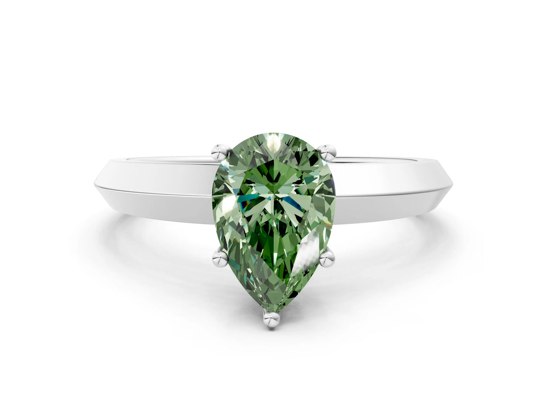 Platinum Fancy Green Pear  Cut Solitaire Engagement Ring with Flat Band and Four-Prong Setting