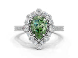Platinum Fancy Green Pear  Halo Milgrain Pave Diamond Ring with Four-Prong Setting 1