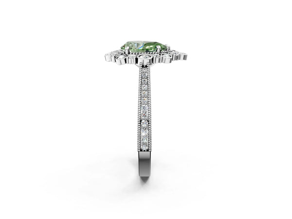 Platinum Pear-Shaped Scalloped Milgrain Halo Engagement Ring Setting for Fancy Green Center