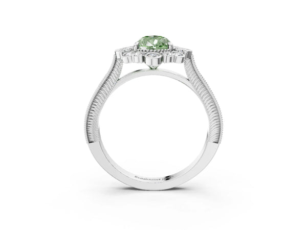 Platinum Pear-Shaped Scalloped Milgrain Halo Engagement Ring Setting for Fancy Green Center