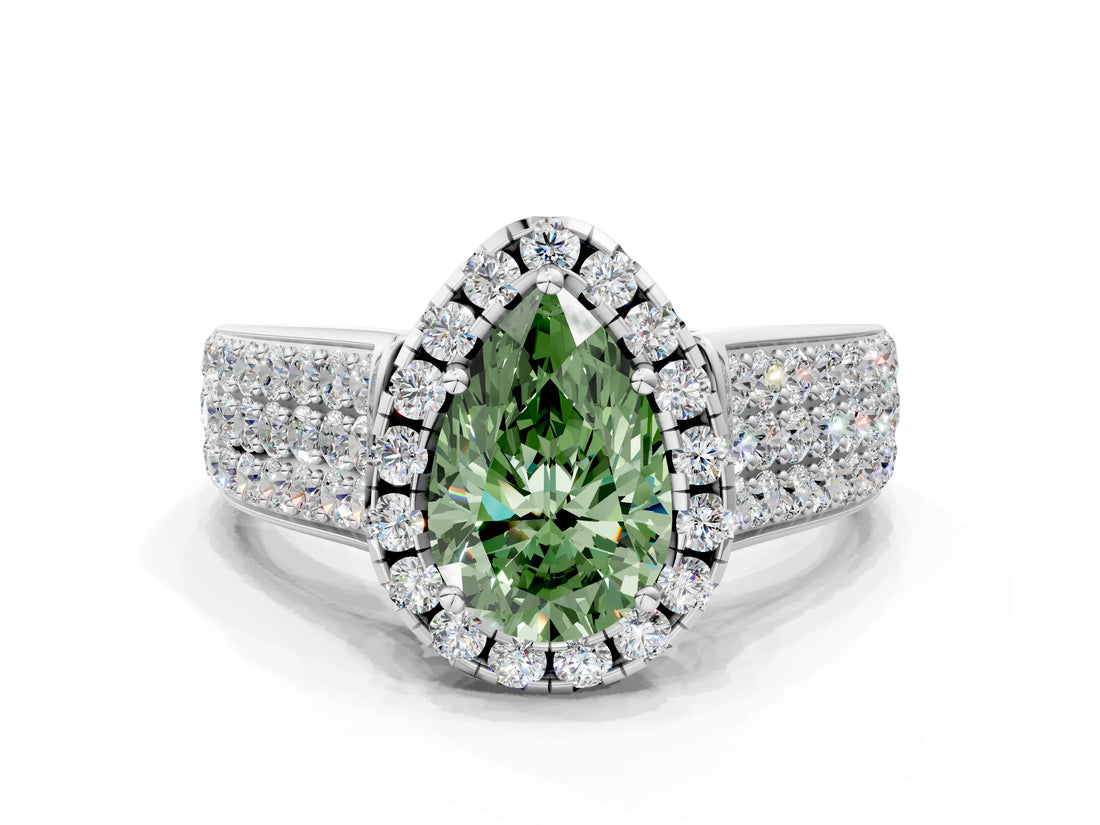 Platinum Fancy Green Pear  Halo Round Diamond Pave Band with Prong Setting 1