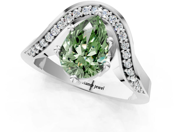 Platinum Fancy Green Pear  Solitaire Diamond Engagement Ring with Pave Band and Four-Prong Setting