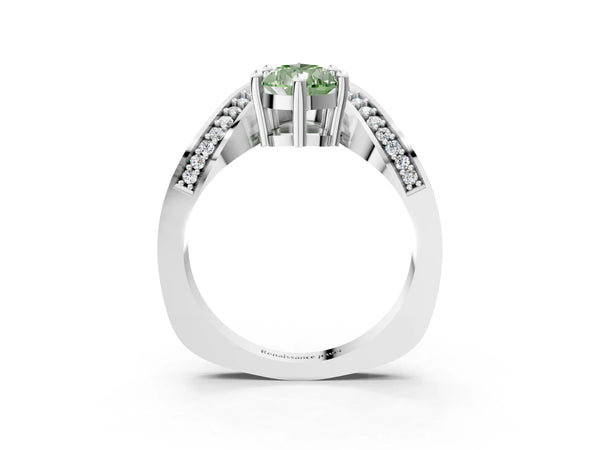 Platinum Fancy Green Pear  Solitaire Diamond Engagement Ring with Pave Band and Four-Prong Setting